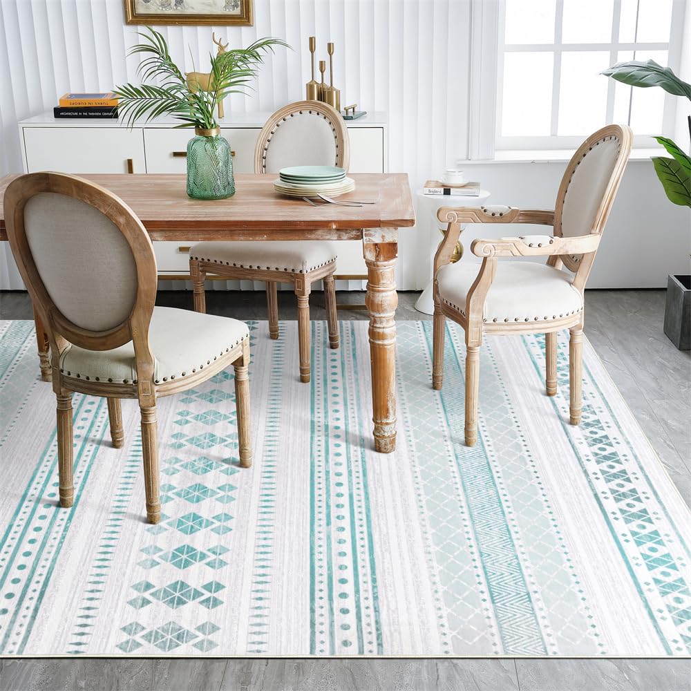 4x6 Washable Area Rug, Boho Moroccan Farmhouse Neutral Low Pile Carpet, Soft Non-Slip Rugs for Living Room Bedroom Dining Room Nursery Dorm Home Decor, Blue & White