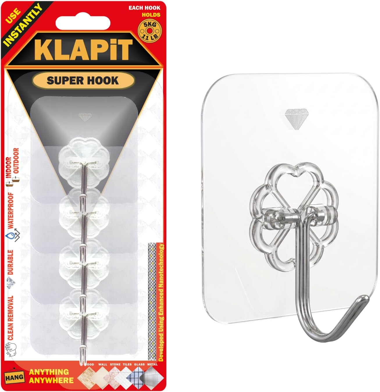KLAPiT Super Hook - Heavy-Duty Adhesive Clear Wall Hooks Made of Stainless Steel, Holds up to 11 lbs, Waterproof, No Damage, Easy Install on Tile, Wood, Stone, Glass & Metal (Clear, 4pc)