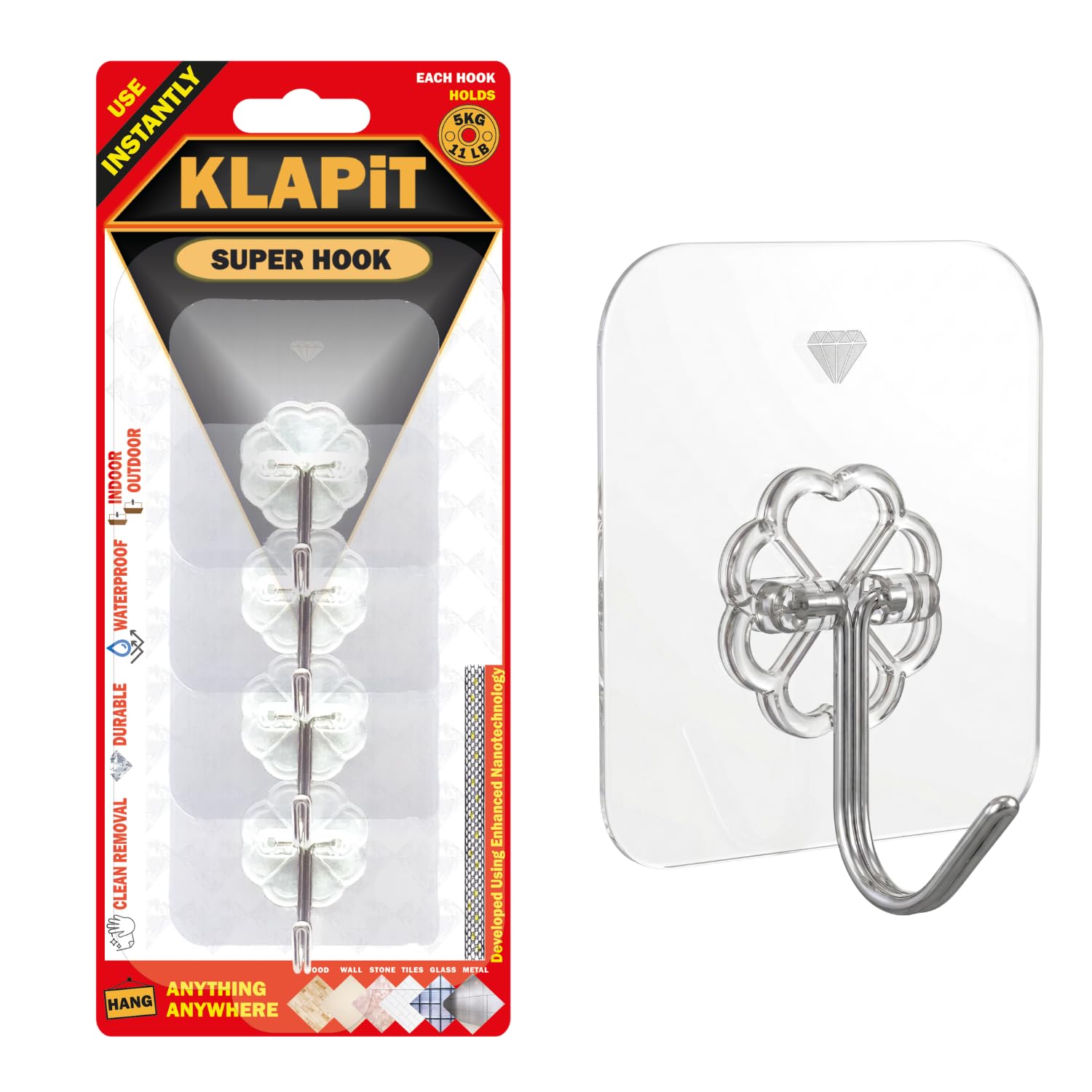 KLAPiT Super Hook wytrzymały klej, utrzymuje ciężar 5 kg lub 5 kg, wodoodporny i nie uszkadza ścian, płytek, drewna, kamienia, szkła, metalu, wykonany ze stali (4 szt., przezroczysty)