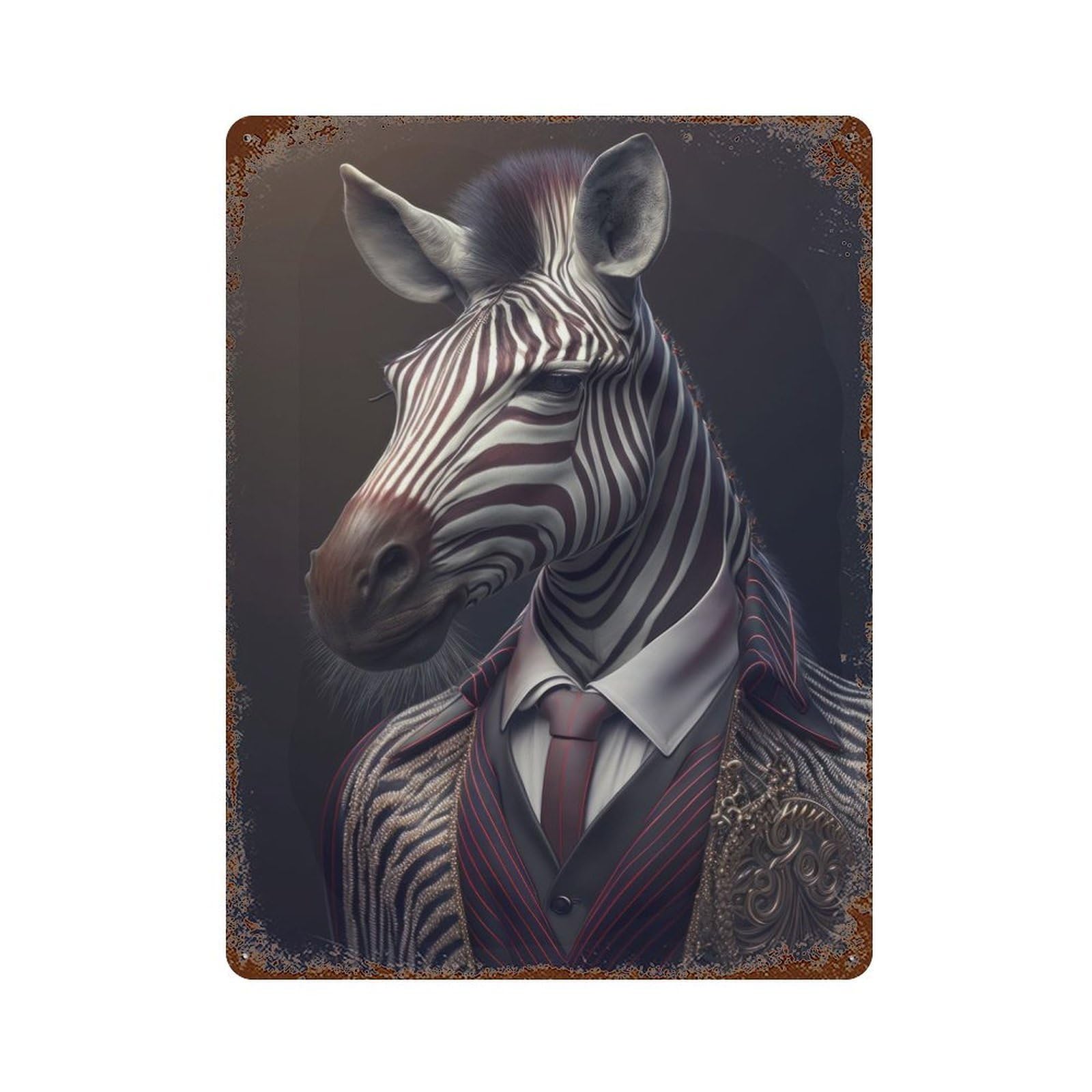Rustic Tin Plaque with Fantasy Zebra Fancy Suit Design 15.7"x11.8", for Cafe, Home Bar And Lounge Decor, Industrial Home Decor