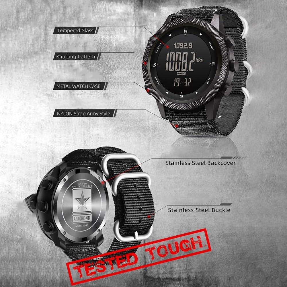 North-Edge AP46 Montre intelligente tactique pour homme avec boussole, thermomètre, podomètre et rétro-éclairage EL, boîtier en métal, design léger pour sport de plein air, compatible avec