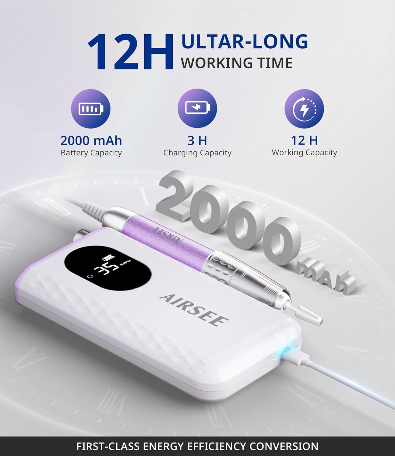 AIRSEE Updated Professional Nail Drill,Rechargeable Cordless Efile Machine for Acrylic Extension Gel Dip Powder Powerful Portable Efile 56 Sanding Bands 7 Bits,Low Noise Low Heat,G7 Purple