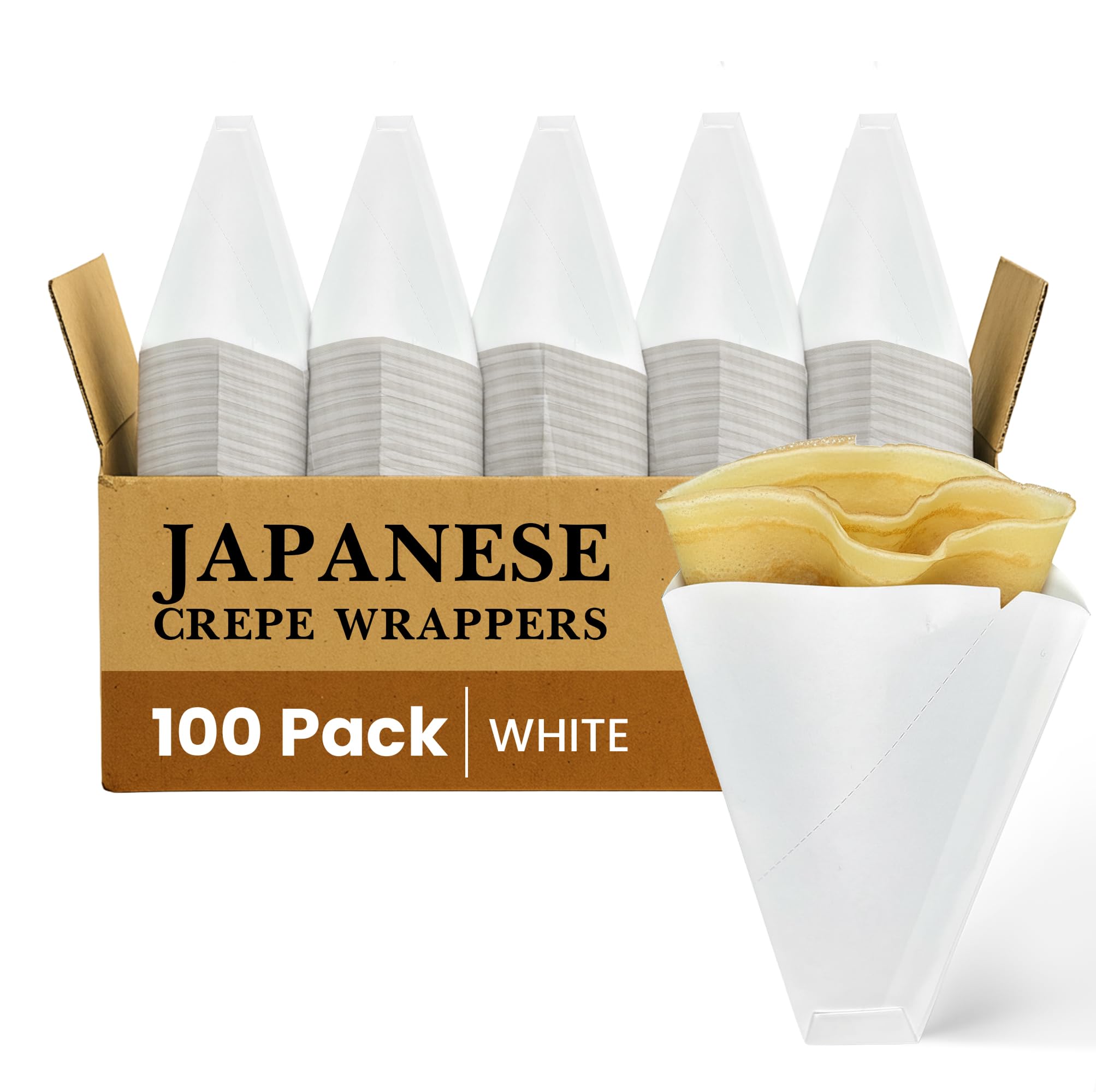 Friteshop White Japanese Crepe Wrappers – Disposable Food-Safe Cones for Crepes, Desserts – Heavy Duty Paper Food Containers – Easy-Tear Perforated Front – For Food Trucks & Catering - 100 pack