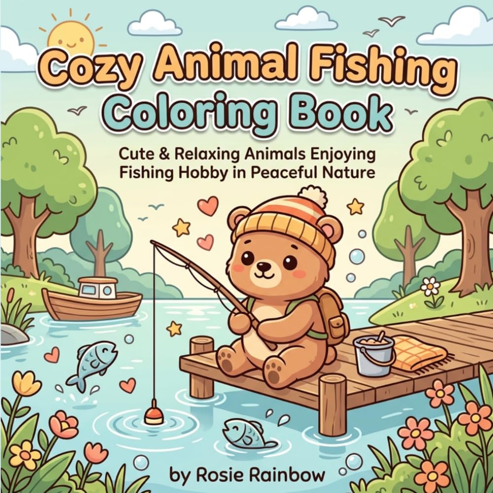 Cozy Animal Fishing Coloring Book: Cute & Relaxing Animals Enjoying Fishing Hobby in Peaceful Nature | Bold & Easy Stress Relief Coloring Book for Adults & Teens