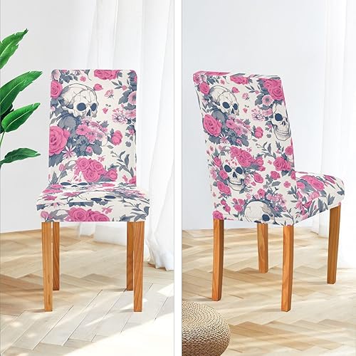 Miniatura 4 de Juego de 4 fundas decorativas para sillas decorativas de Halloween con calavera blanca y durazno para festivales (Pascua, graduación, etc.), fundas