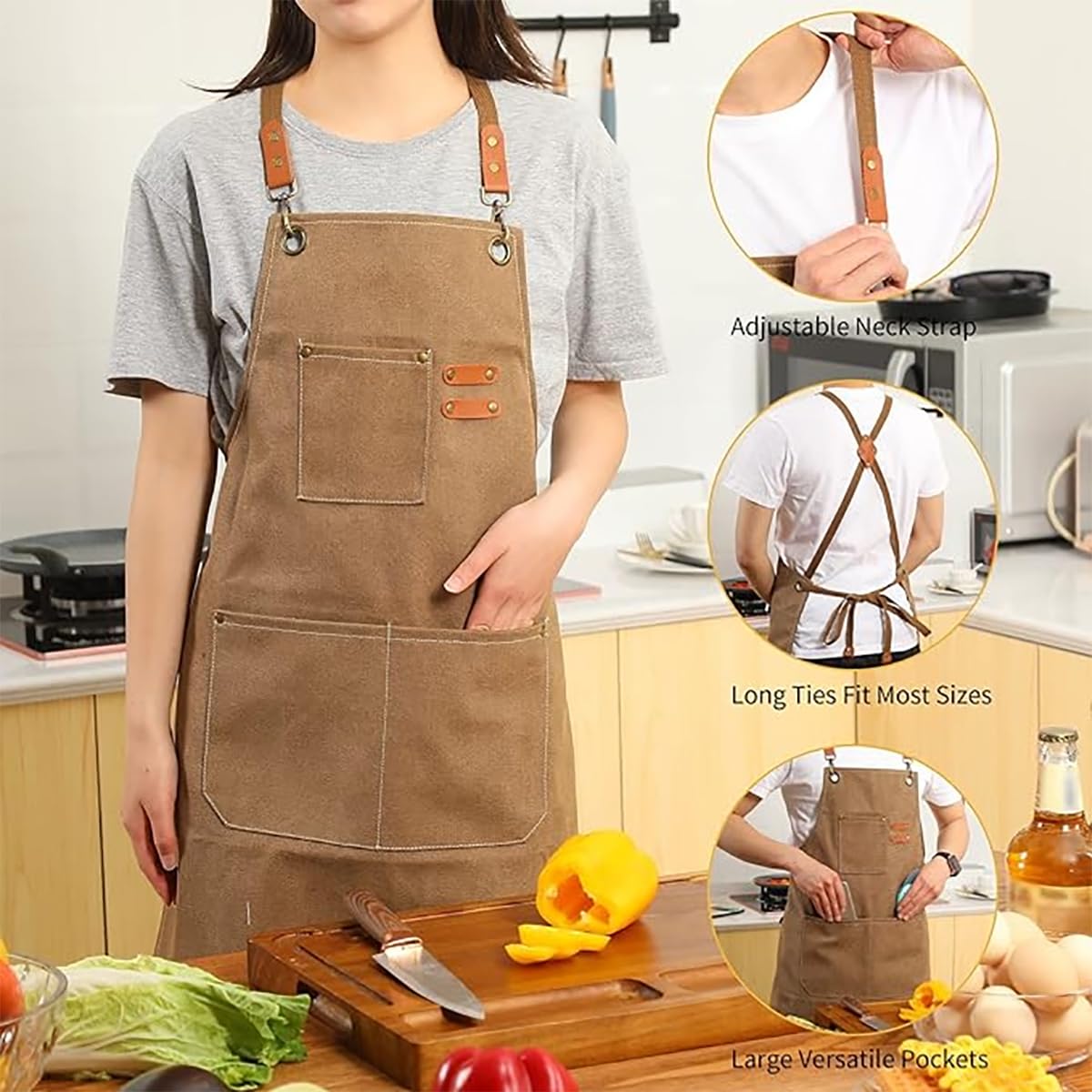 Delantales de chef de lona con espalda cruzada: elegante diseño unisex con bolsillos espaciosos