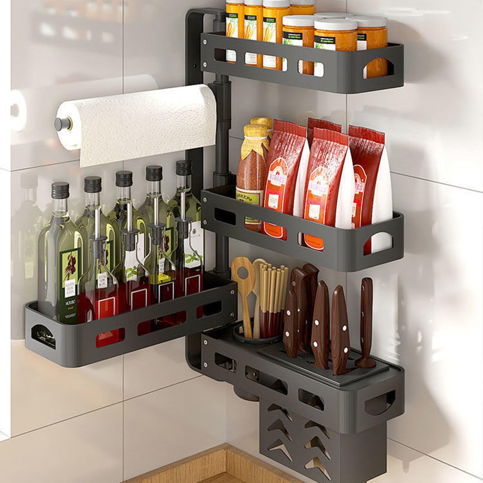 Especiero Giratorio de 4 Niveles Montado en la Pared Porta Condimentos Grande de Metal para Cocina Baño Estante Organizador de Especias Altura Ajustable