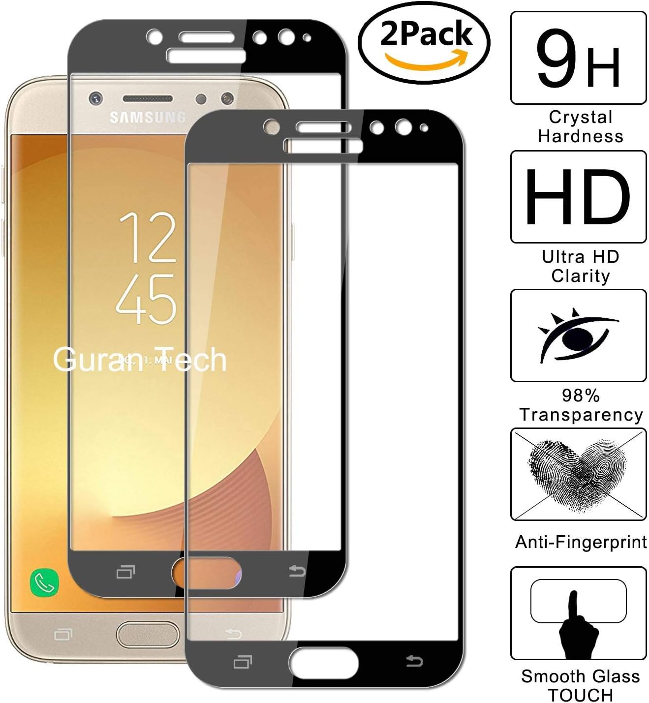 Guran [2-Pack] Tempered Glass Screen Protector For Samsung Galaxy J7 2017 J730 / J7 Pro / J7 DUOS (2017) Clear Anti-Scratch Shatter Proof Film (Black, 100% Full Coverage, 9H Hardness)