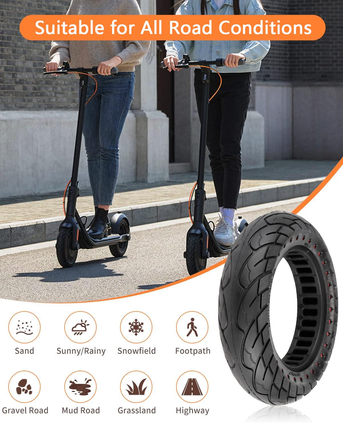 VOLOHAS 60/70-6.5 Solid Rubber Tyres 10 x 2.5 for Segway Ninebot Max G30 / G30E / G30LP Electric Scooter Front or Rear Honeycomb Tyres Anti-Slip Puncture Proof (Red Dot 2 PCS) - Image 2