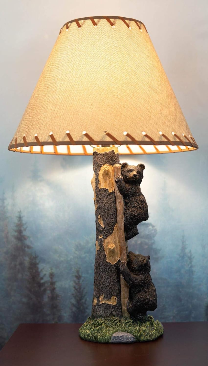 Ebros Pack of 2 Whimsical Rustic 2 Bear Cubs Climbing Tree Ladder Table Lamps Statue with Shade 23" High Mountain Wildlife Woodland Cabin Lodge Decor Forest Bear Themed Desktop Lamps