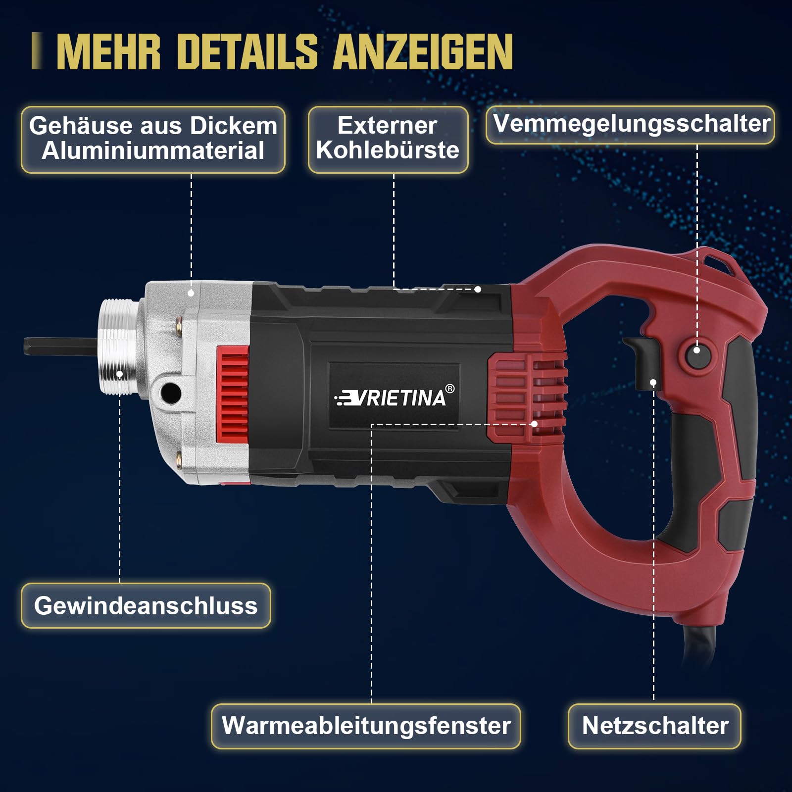 Betonrüttler 1800W mit 2m SCHLAUCHLÄNGE, 35 mm Flaschenrüttler | Elektro Betonverdichter, Rührwellendrehzahl 6000 U/min, Beton Rüttelflasche mit Tragegriff für Hausbau, Brückenbau