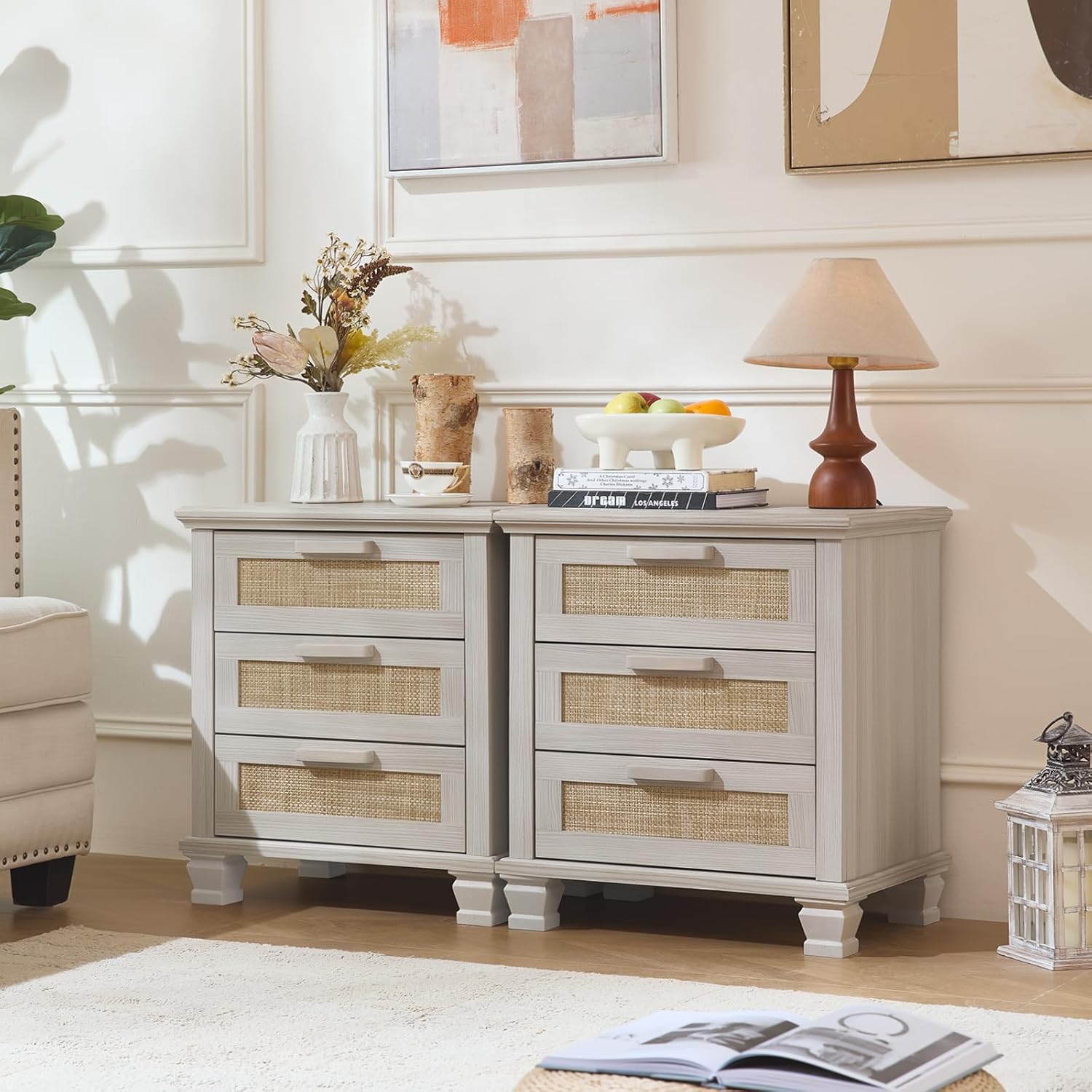 Rattan Nightstand Set of 2 with Drawers, Boho 3 Drawer Dresser, Wood Bedside Tables for Bedroom, Large End Side Tables, Light Grey