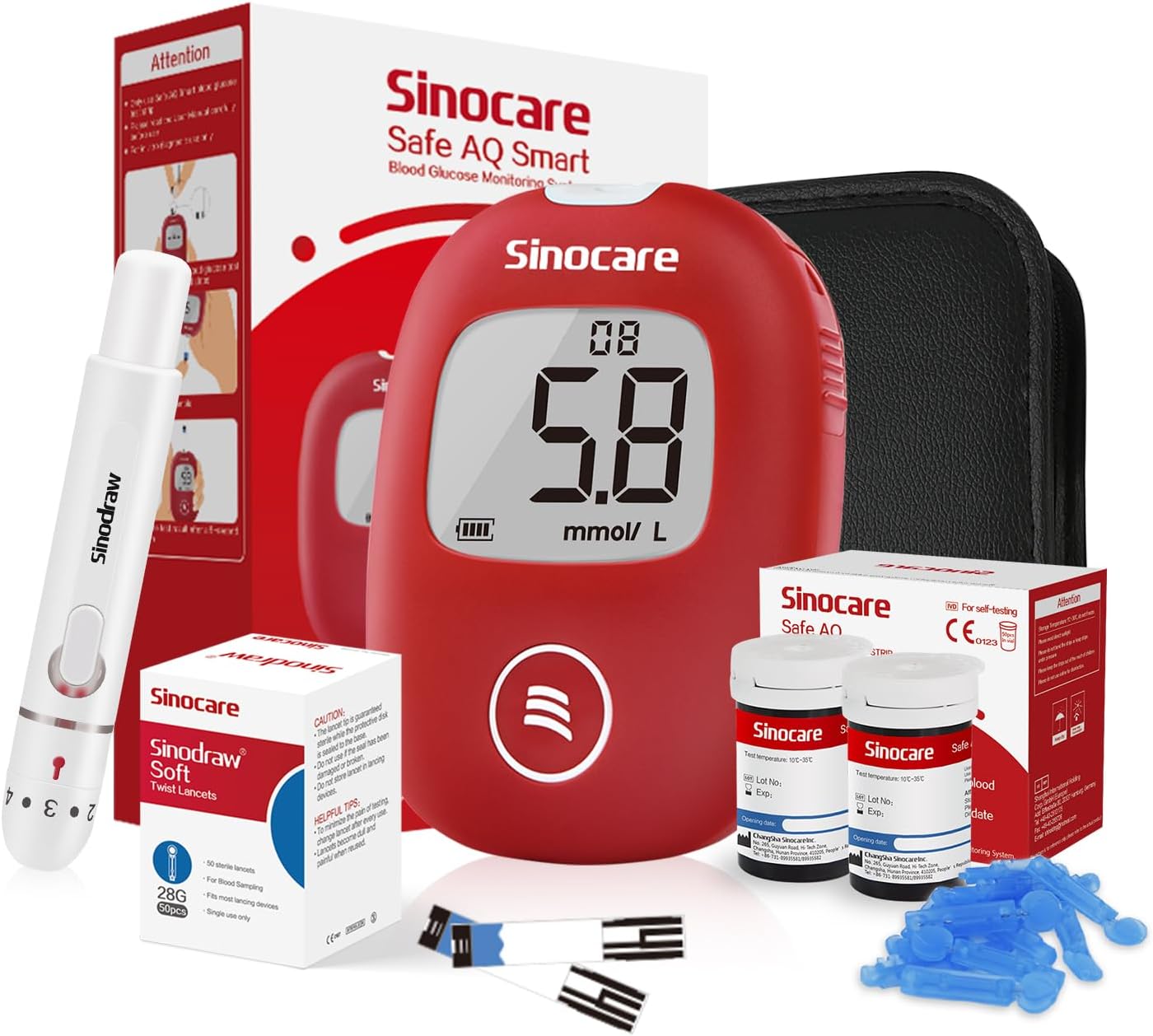 Diabetes Testing Kit/Blood Glucose Monitor Safe AQ Smart/Blood Sugar Test Kit with Strips x 50 & Lancing Devices x 50 & Carrying Bag, for UK Diabetics -in mmol/L
