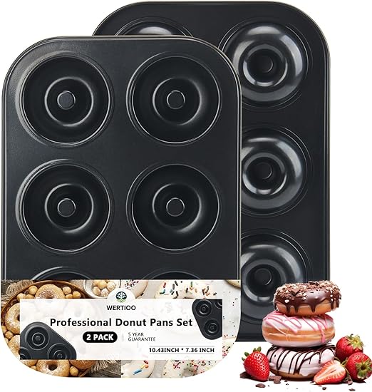 WERTIOO Donut Pans 2 Pack, Non-Stick 6-Cavity Mini Baking Pans, High-grade Carbon Steel Donut Mold - Bagels Doughnuts Biscuit Cake Baking Tray Maker Pan, Dishwasher, Oven, Freezer Safe