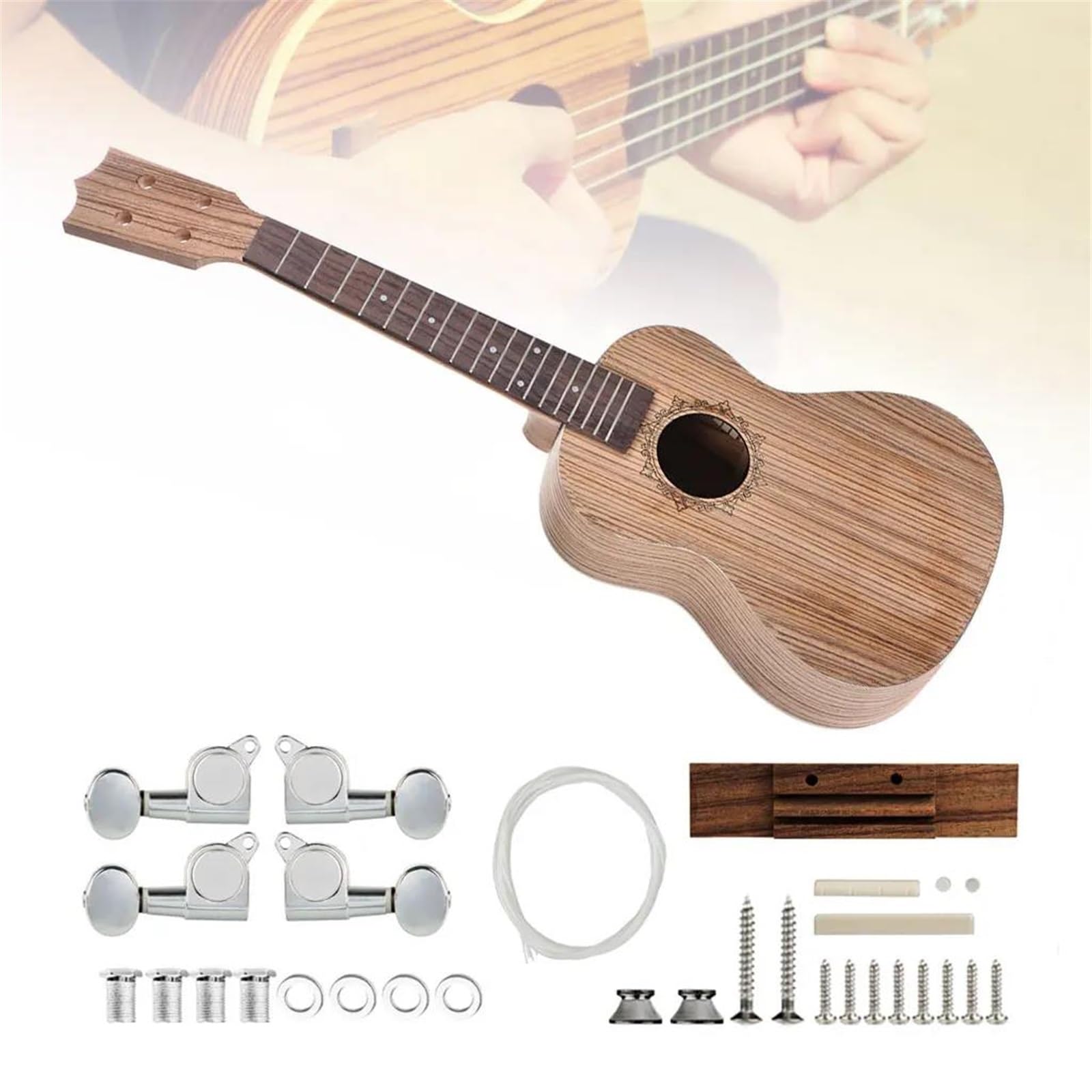 Niedokończony Koncert Tenor Ukelele 4 Struny Gitara Hawajska DIY Korpus Z Drewna Zebrawood Podstrunnica Kołki Struny Nakrętka Mostkowa ZESTAW początkujących ukulele(26)