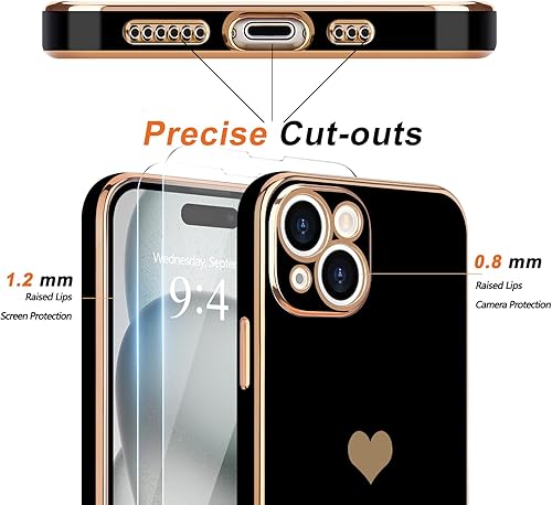Miniatura 3 de Teageo Funda para iPhone 15 con protector de pantalla 2 unidades para niñas y mujeres, lindo corazón femenino de amor, cubierta suave dorada,
