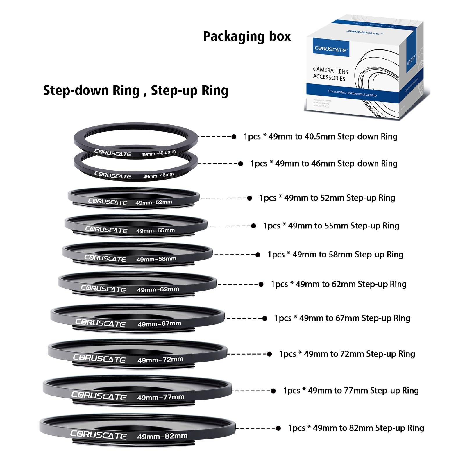 Filterring-Adapter-Set, Objektivfilter, Step-Up-Ring für alle Marken UV ND CPL (49–40,5 mm, 49–46 mm, 49–52 mm, 49–55 mm, 49–58 mm, 49–62 mm, 49–67 mm, 49–72 mm, 49–77 mm, 49–82 mm)