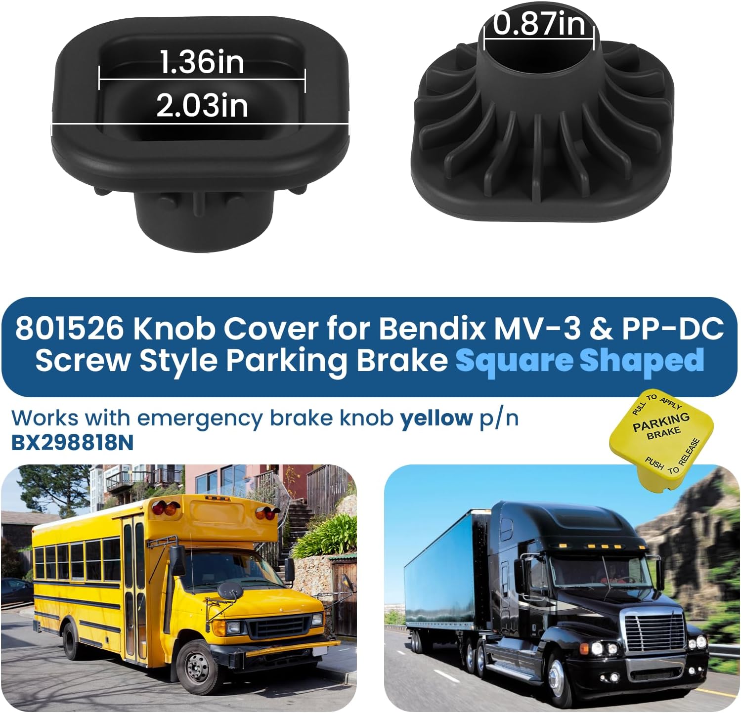 801526 Air Brake Knob Cover for Square Shaped Parking Brake Knob fit Most Bus/Truck Soft Rubber Knob Cover Compatible with Screw Type Knob 298818N, Prevents Hand Fatigue & Vehicle Damage