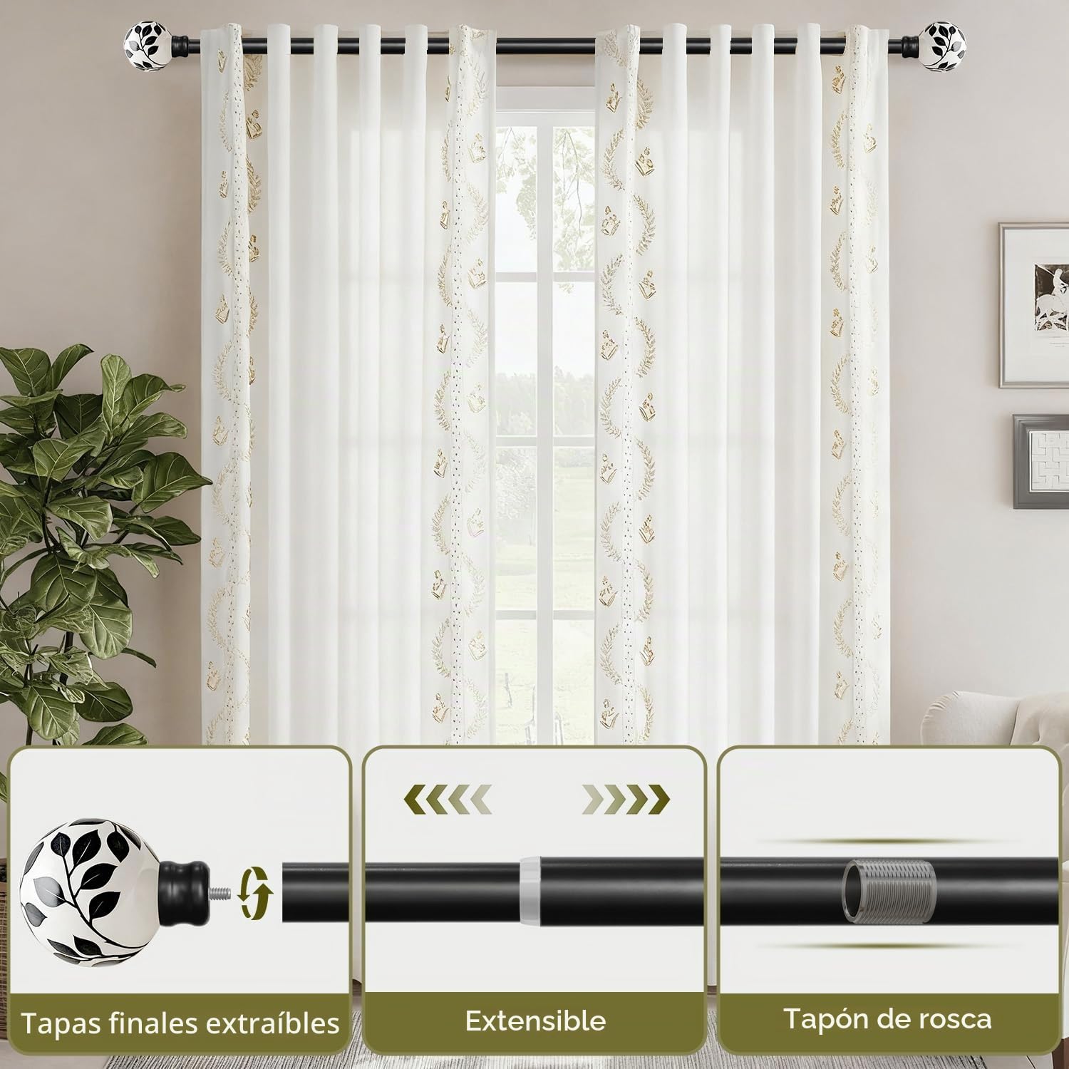 Barra Cortina Negra 80-365 Cm,Extensible De Metal Pesado | DiáMetro De 25 Mm,Montaje En Pared, Con Topes De Hoja De CeráMica Y Soportes, Para SalóN, Dormitorio, Cocina, Terraza