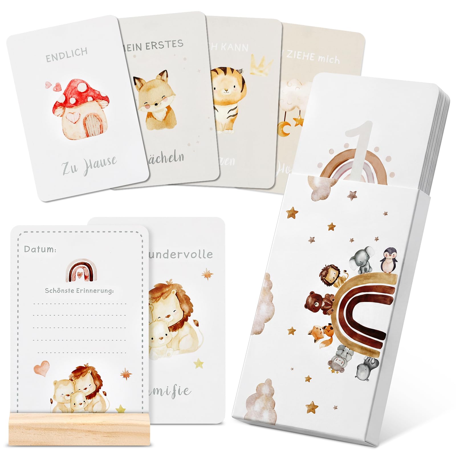 ITClosud 50 Meilensteinkarten Baby mit beschreibbaren Rückseiten, Inkl. Kartenständer Aus Holz, Mit Handgemalten Boho Illustrationen, Geschenk zur Schwangerschaft, Babyshower und Geburt