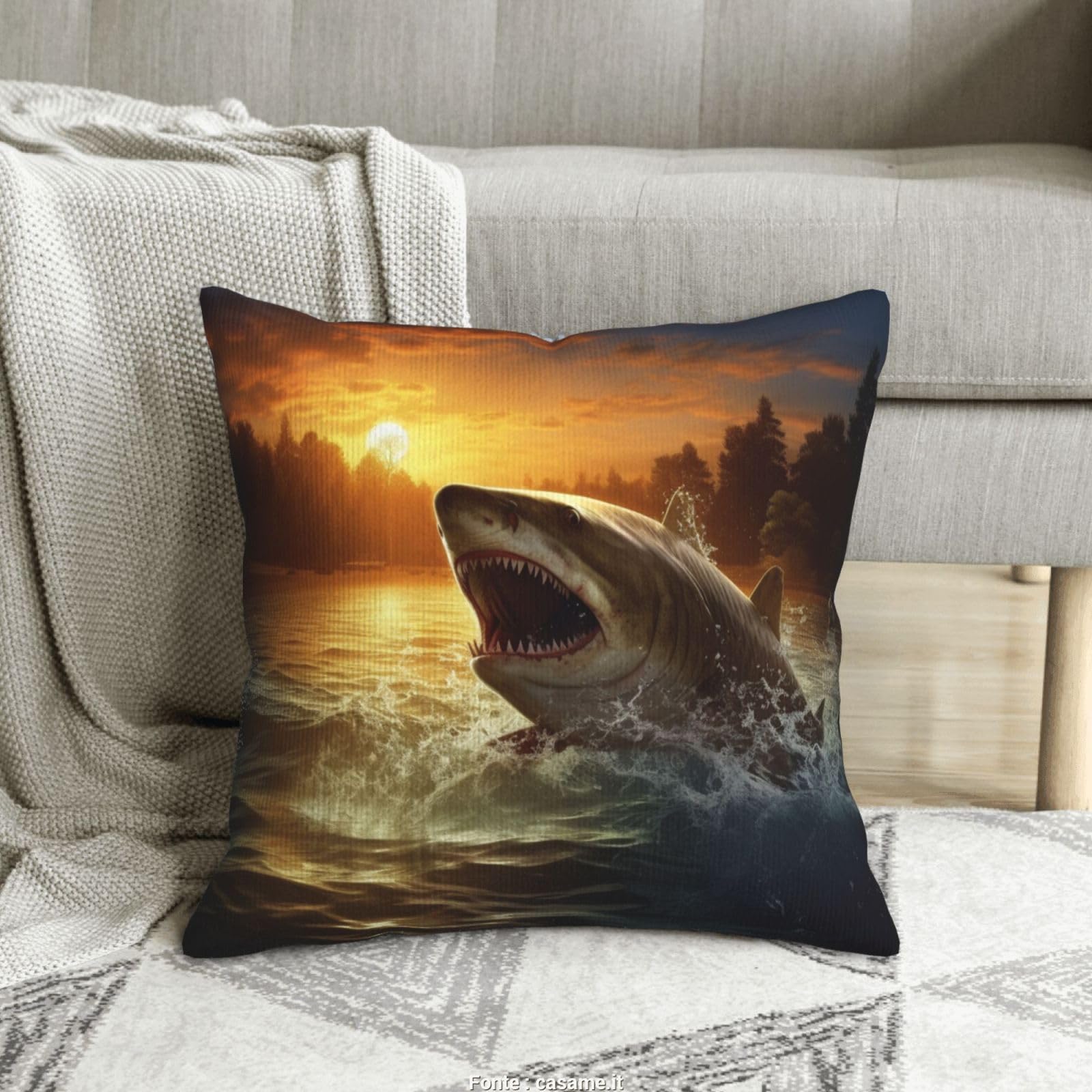Housse de coussin velours côtelé doux 45x45 cm at Dusk motif imprimé poisson