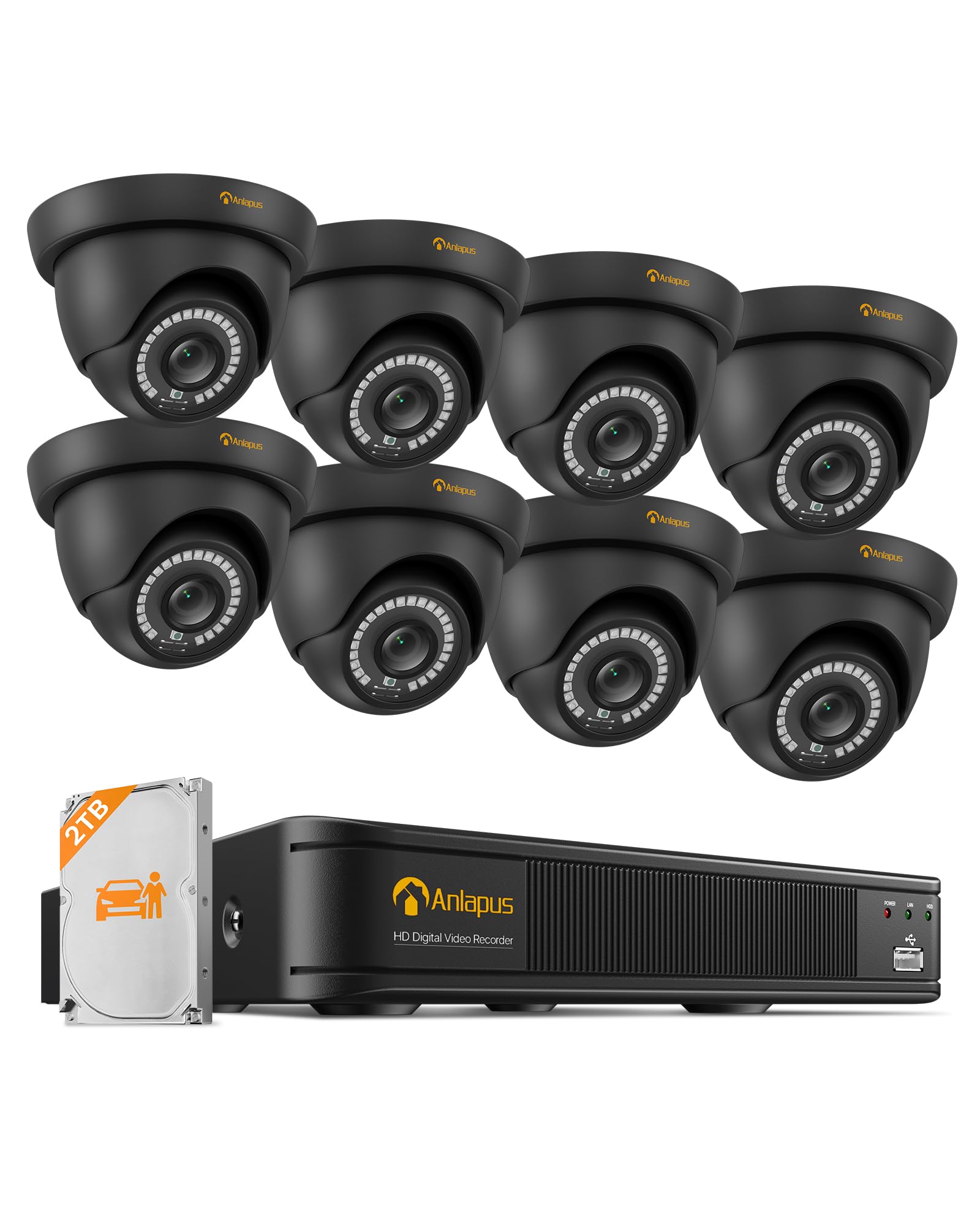 Anlapus 1080P Überwachungskamera Set Außen 2TB HDD mit Kabel | 8CH H.265+ DVR, 8X 2MP Domekameras Videoüberwachung, KI Personen- & Fahrzeugerkennung, IP66 Wasserdicht, IR Nachtsicht