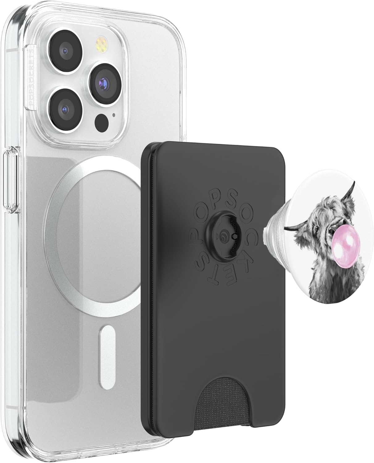 Funny Highland Cow with Bubble PopSockets PopWallet for MagSafe