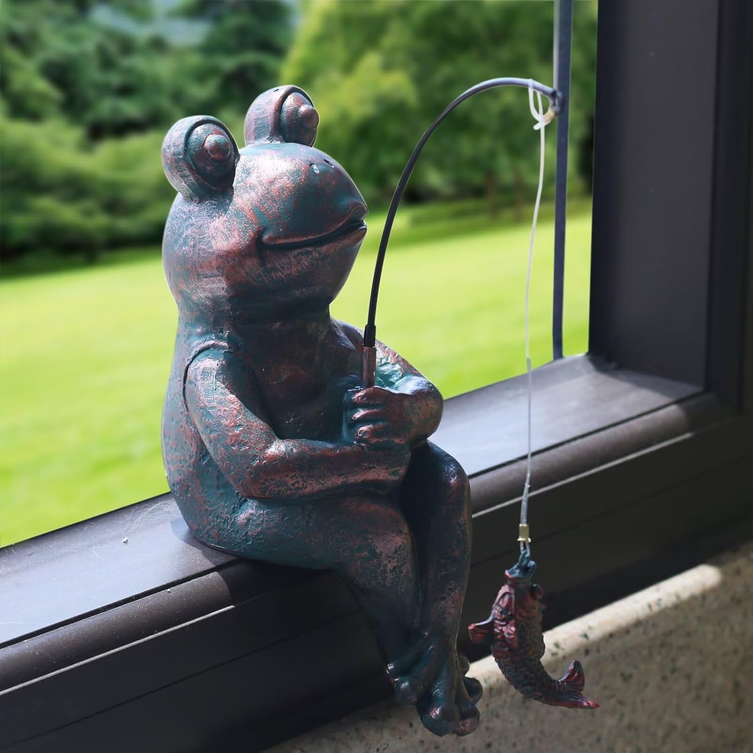 Antique Copper Fishing Frog Statue - Outdoor Garden Statue & Koi Pond Decor