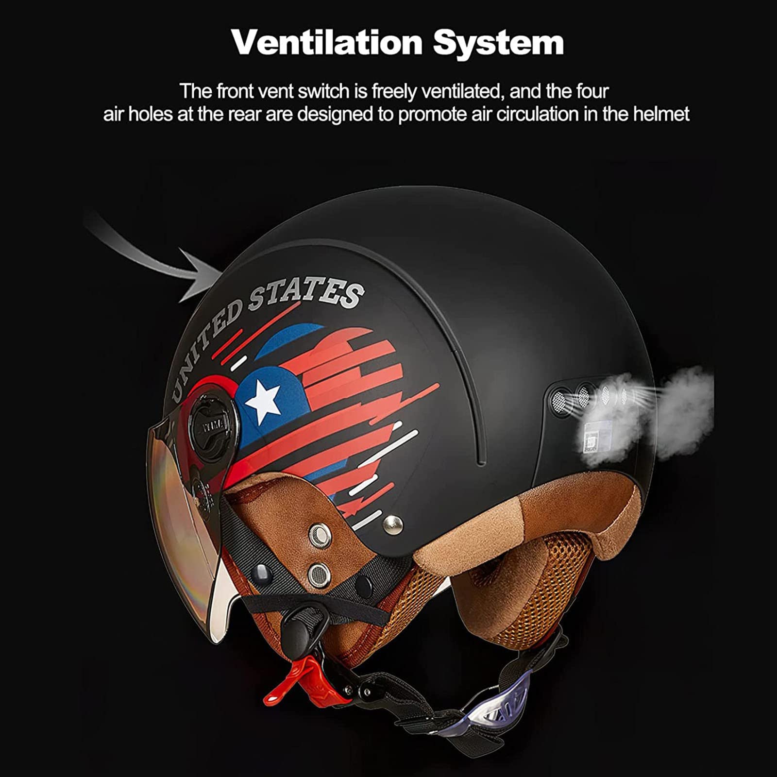 Retro 3/4 Open Face Motorcycle Helmet Vintage FRP Shell Moped Motorbike Half Helmet With Sun Visor And Goggles For Men Women Adults DOT/ECE Approved,A,S