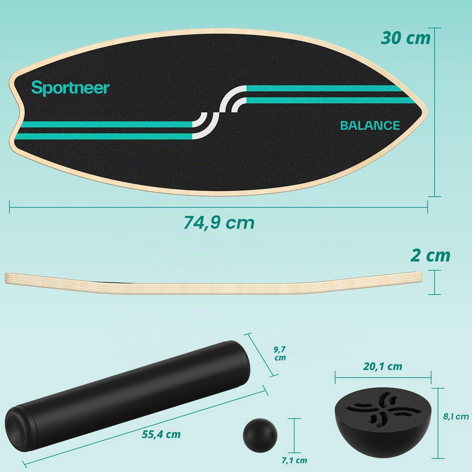 Sportneer Surfin - Tabla de equilibrio para adultos 8 en 1 – Entrenador de equilibrio con rodillo, pelota de goma y semiesfera, tabla de equilibrio de madera para entrenamiento de núcleo, surf, esquí