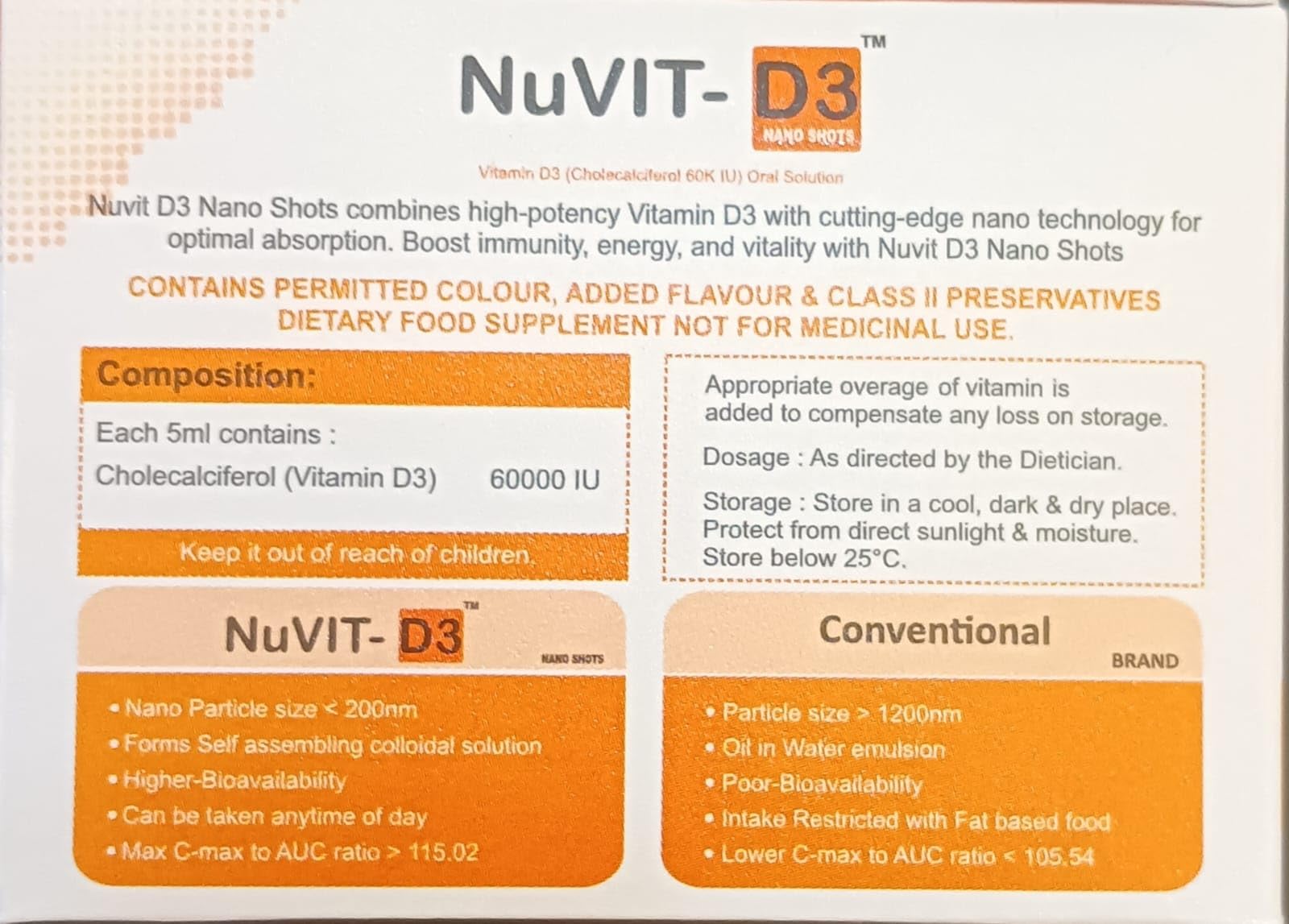 The Old Natural Nuvit D3 Vitamin D3 60000 IU Nano Shots | Sugar Free Cholecalciferol Vitamin D3 Oral Solution | Supports Bone, Muscle & Immune Health | Orange Flavour | 8 Nano Shots x 5ml (40ml) 1
