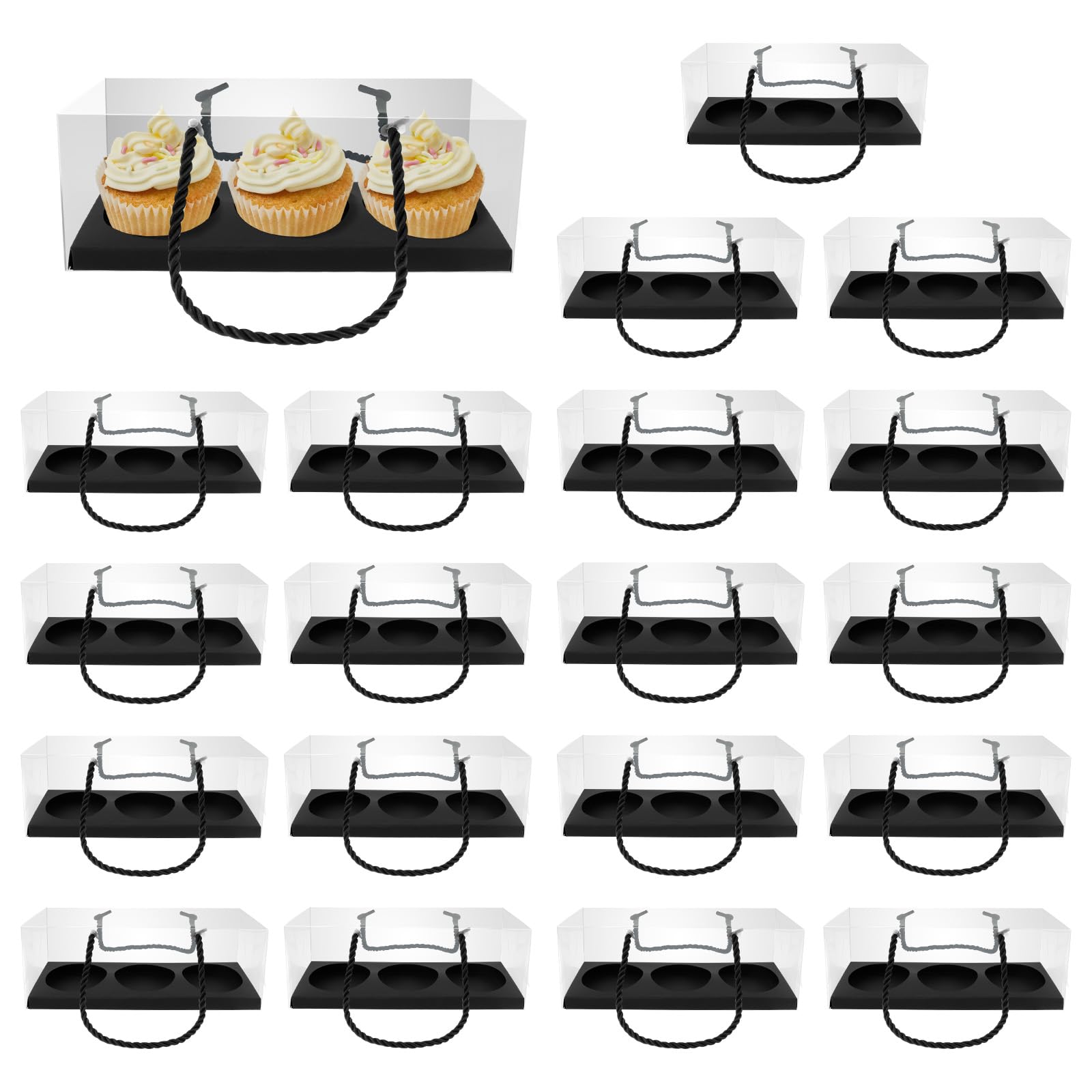 KTCINA 20Pcs Cupcake Boxes 4 Hole Cake Baking Boxes with Handle, Rectangle Cup Cake Box for Cupcakes Muffins Desserts Bakery Cookie Box for Home Baking, Party, Wedding, Christmas(Black)