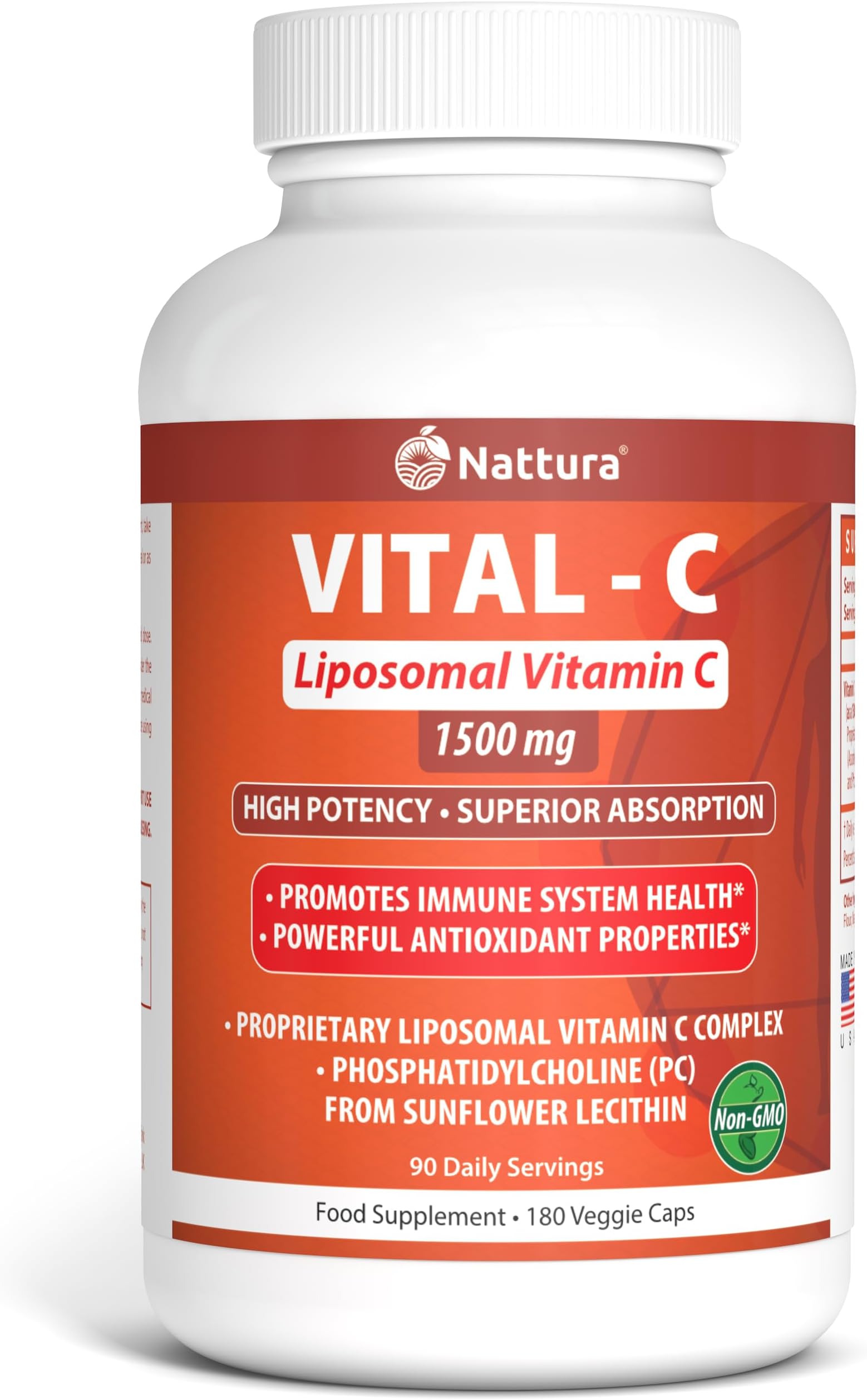 Liposomal Vitamin C - 1500 mg - 180 Veggie Caps - Proprietary Liposomal C Complex with Phosphatidylcholine (PC) from Sunflower Lecithin