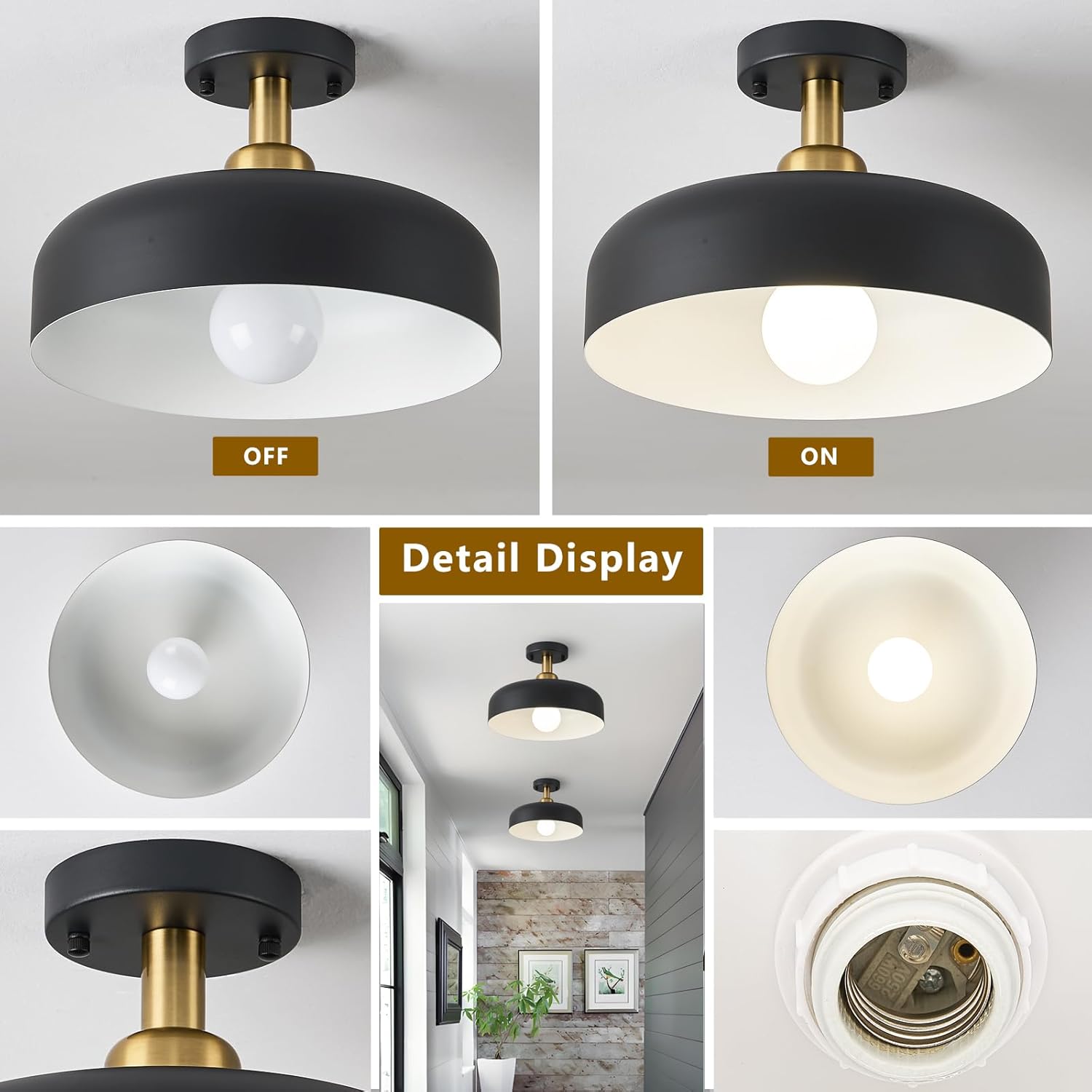 Modern Semi Flush Mount Ceiling Light,Mid Century Hallway Ceiling Light Fixture,E26 Ceramic Lamp Head,Black and Gold Light Fxiture Ceiling for Kitchen Entryway Bedroom Hall Entry (12.6 in)