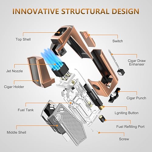 Miniatura 2 de FANKAI Encendedor de 4 antorchas de llama de chorro de puros, soporte para puros, potenciador de extracción de puros, encendedor de antorcha