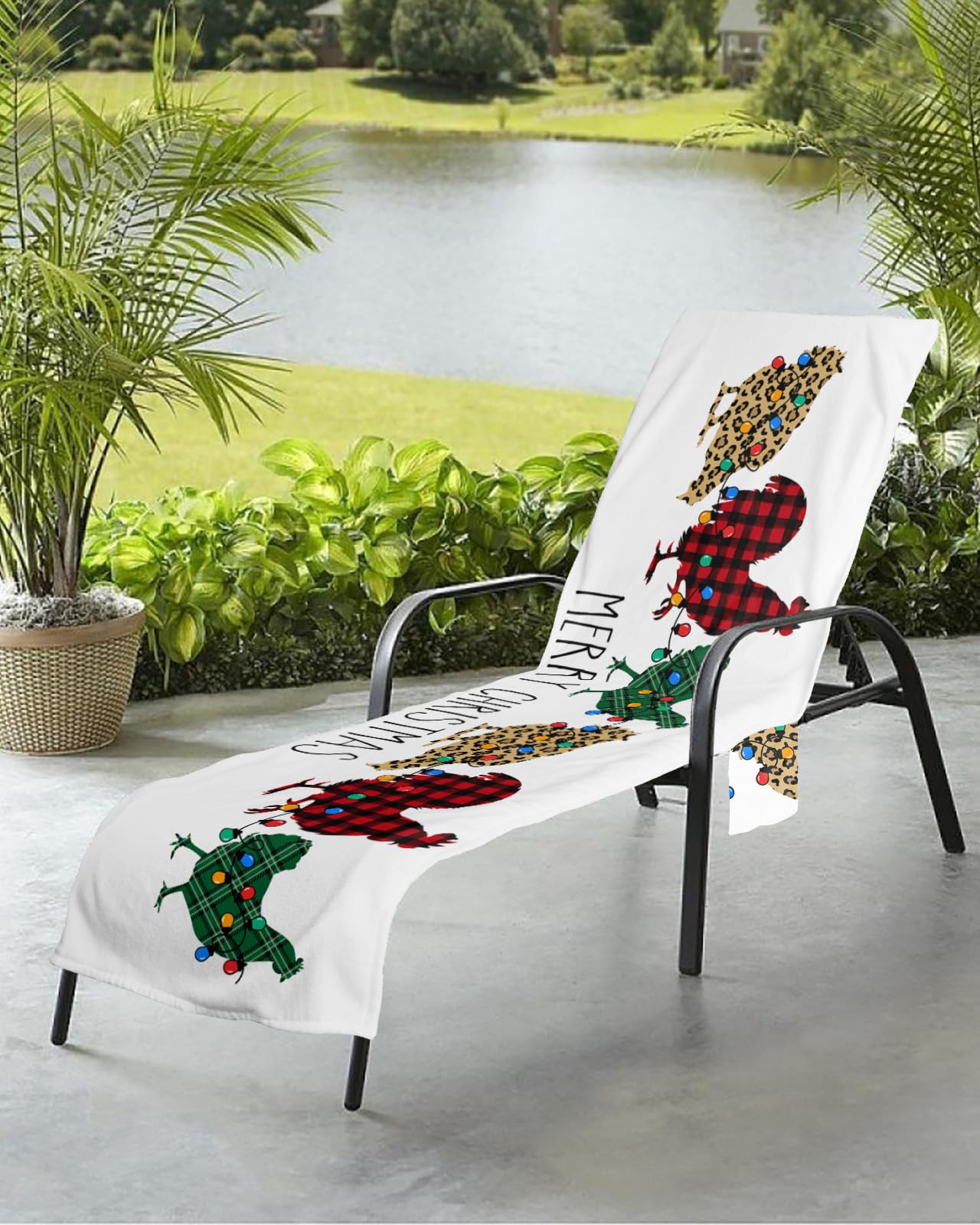 Merry Christmas Farm Beach Chair Towel Covers for Chaise Lounge with Side Pocket, Soft Plush Pool Towels Cover for Patio Sunbathing Outdoor 29''x85'' Rooster Hen Leopard Print Plaid