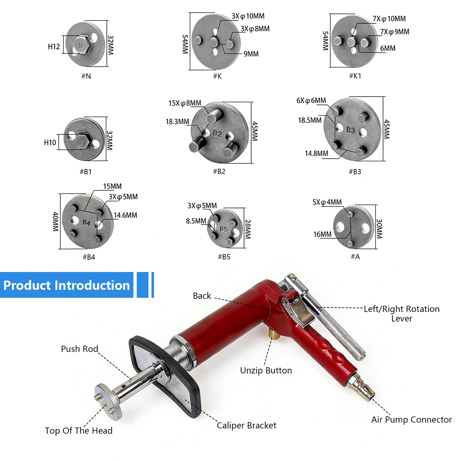 Repousse Piston de Frein Pneumatique, Kit de 24 Outils Universels pour Rétracteurs de Pistons de Frein Pneumatiques avec Mallette, Compatible avec la Plupart des Voitures Particulières - 5