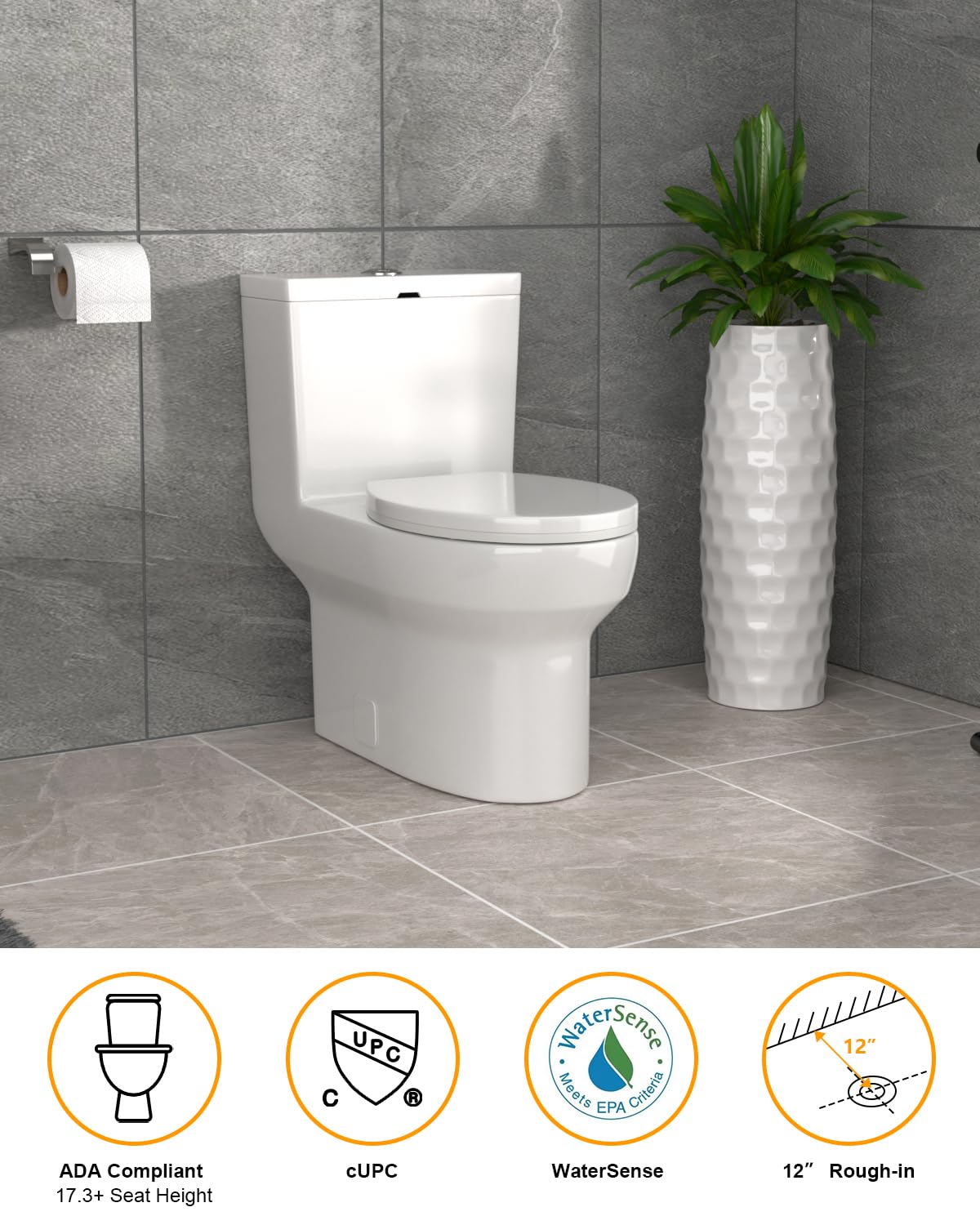 Dcolora One Piece Toilet DC-OPT152 Dual Flush 1.1/1.6 GPF Elongate Design,With Soft Closing Seat and Comfort Height, 28.5 x 15.7 x 27, Glossy White