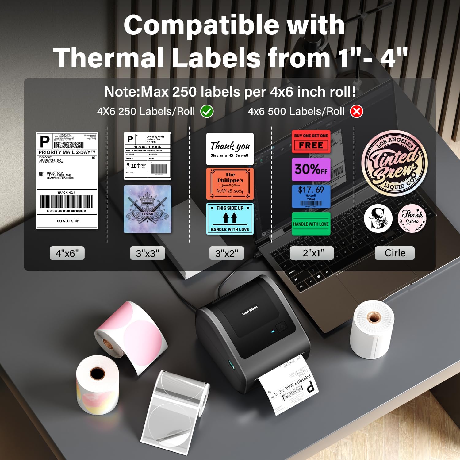 D450BT Bluetooth Shipping Label Printer & 500Pcs 4x6 Roll White Thermal Labels, Wireless Label Printer for Small Business, Thermal Printer for Shipping Labels