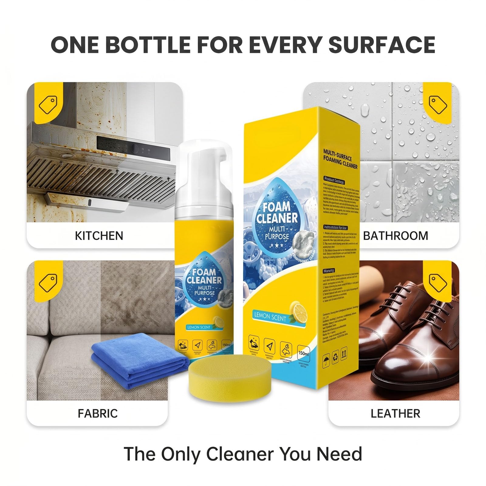 4-in-1 Multi-Enzyme Foam Cleaner 5oz, All-Purpose Deep Cleaning Spray for Kitchen Grease, Bathroom Tiles, Car Interior & Sofa Upholstery (1pcs)