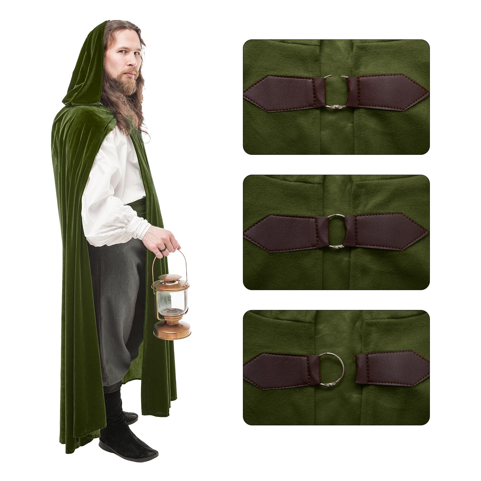 CNVAUIE Renaissance Snapback Hooded Coat Medieval Costumes Men's Witch Halloween Costumes Hooded Coat (Green Set) - Image 4