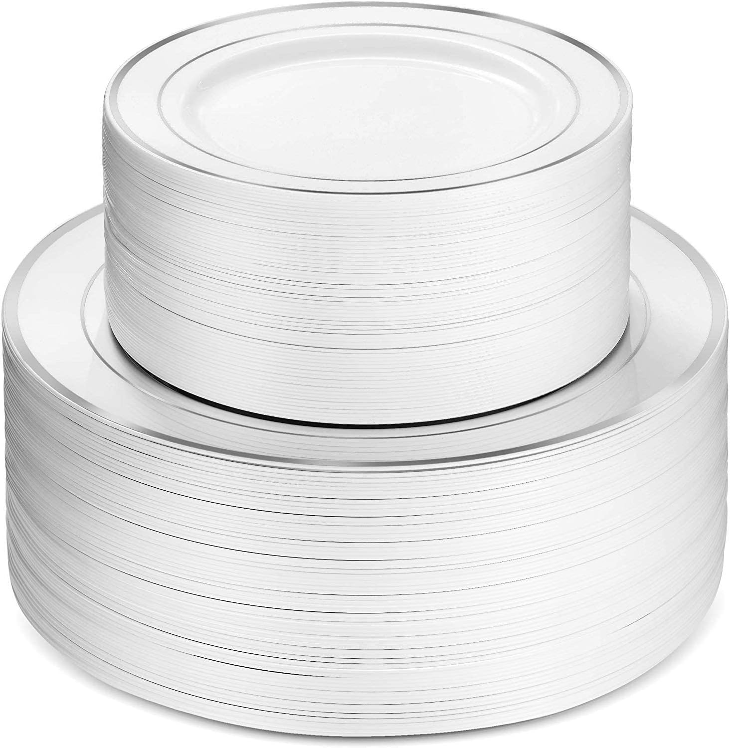 60Pcs Plastic Party Plates White Silver Rim, 30 Premium Heavy Duty 10.