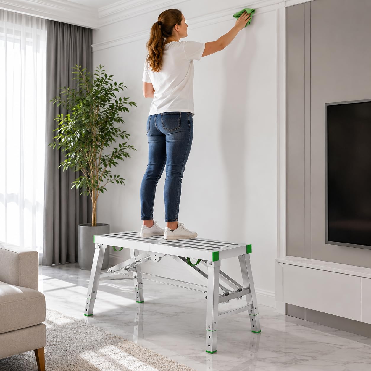 Plataforma de trabajo plegable resistente, capacidad de 400 kg, taburete de escalera ajustable de 2 pies y banco de trabajo portátil