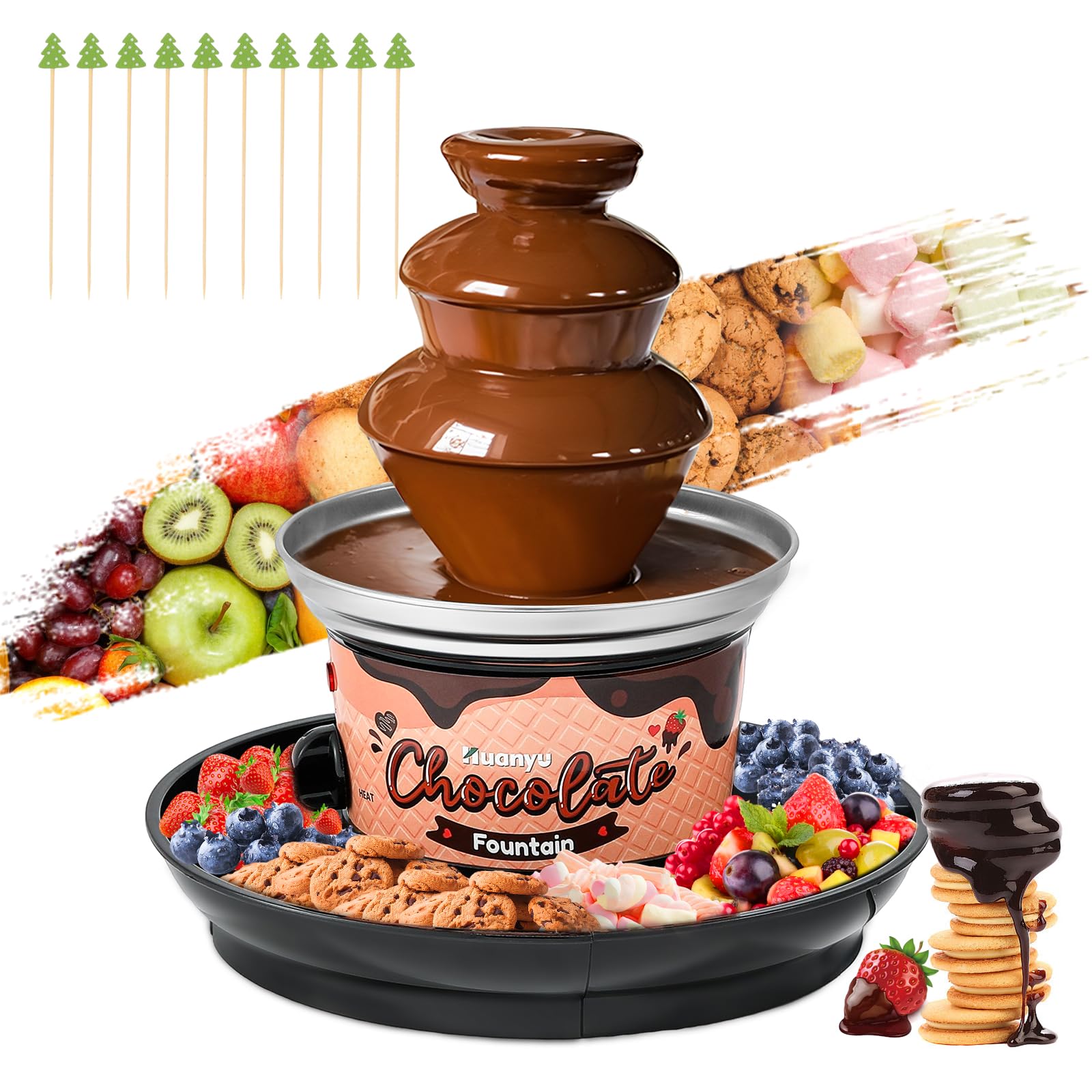 Huanyu Fuente de Chocolate de 3 niveles 10 pinchos de bambú Bandeja extraíble 450g Mini Chocolate Fondue Fuente para Fiesta Cumpleaños Boda Chocolate Nacho Queso Salsa Barbacoa Licores (negro)