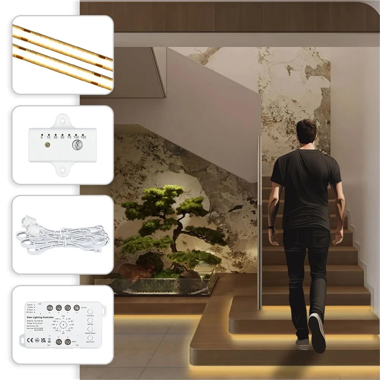 Stair LED Light Strip WiFi Tuya Motion Sensor Smart Step Lighting 1-30 Steps Easy Insallation Stairway Kit(3000K Dimmer Panel,For 13 Stair Steps)