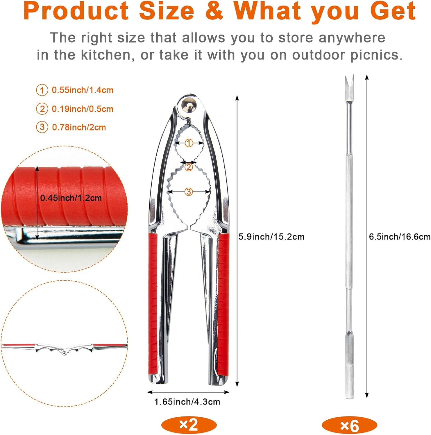 Anglekai Nut Crackers, 8Pcs Multi-Purpose Stainless Steel Seafood Pecan Cracker, Non-slip Handle Walnut Cracking Tools (Red)