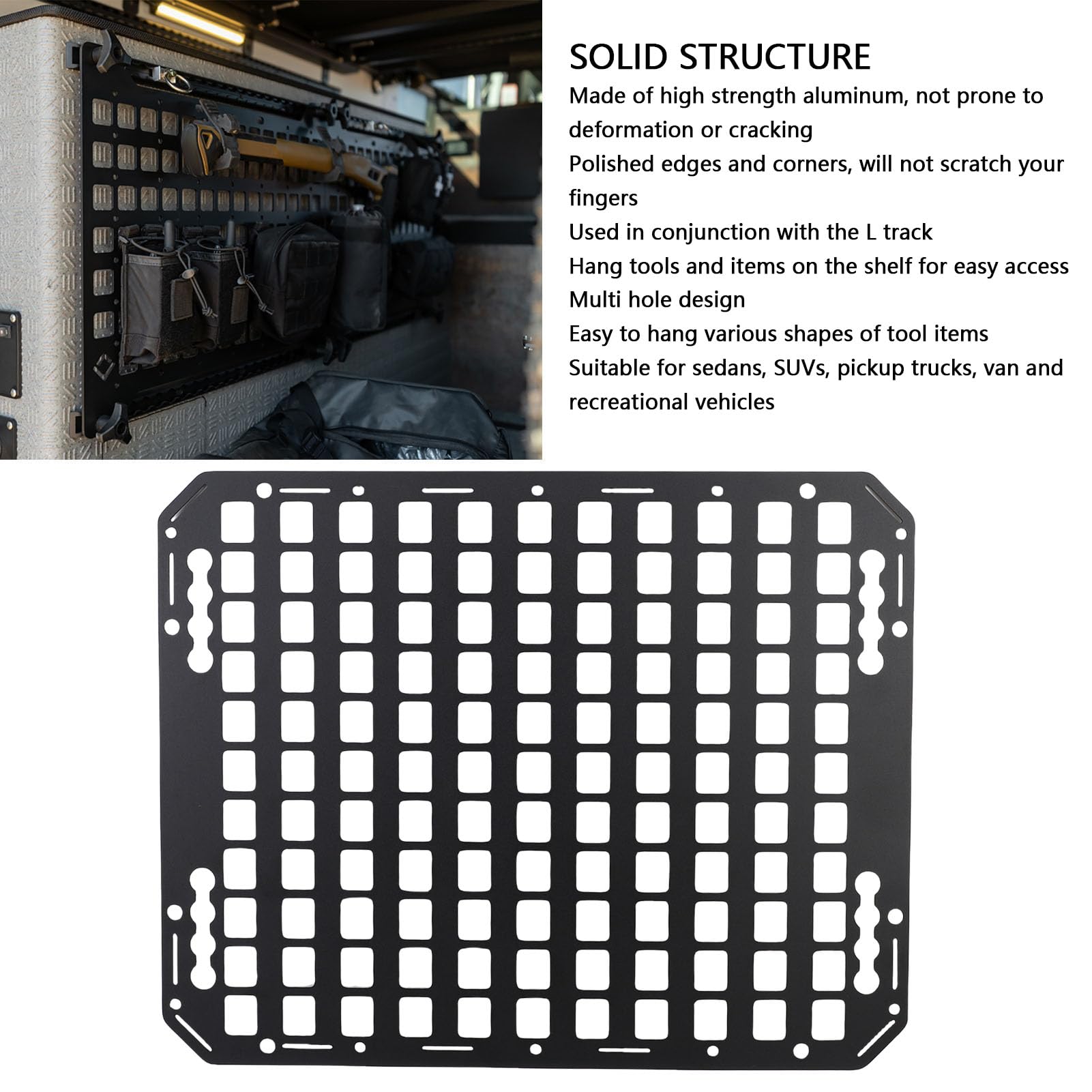 Panel Molle de Camión Panel de Carga Organizador de Estanterías de Aluminio de Servicio Pesado con Múltiples Agujeros para Las Pistas L Se Adapta a SUVS Pickup Camionetas
