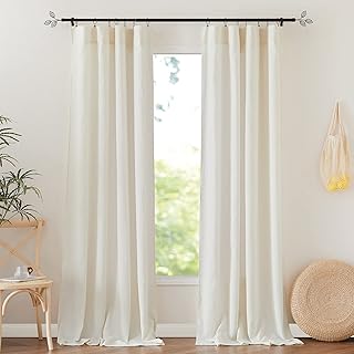 RYB HOME Floor Length Curtains Linen Blend Flax Fiber Drapes Half Privac...