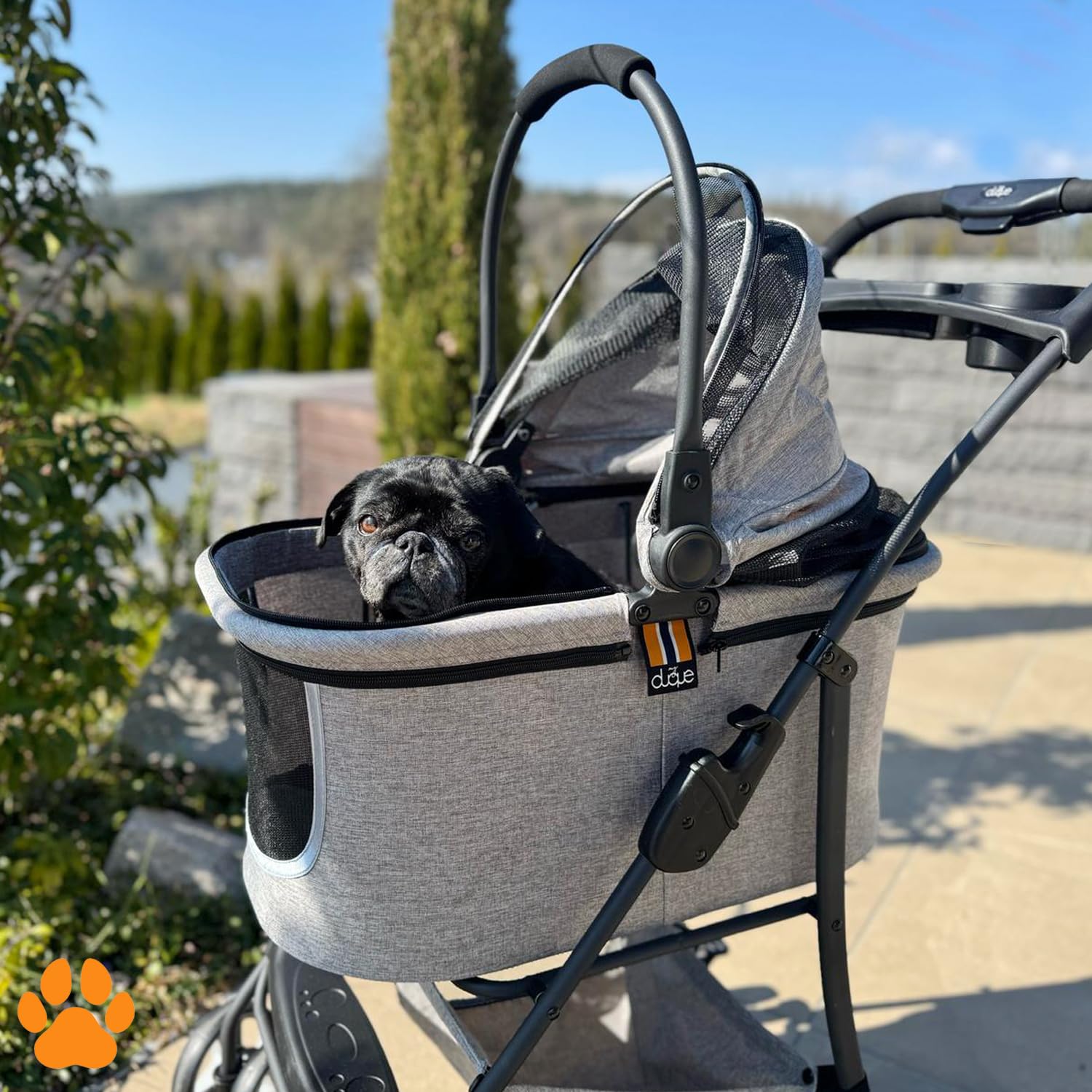 Mod. CECE 2 in 1 - Passeggino per animali, con cestino per spesa o accessori, pieghevole con una mano, utilizzabile col telaio della carrozzina o staccabile come trasportino, grigio melange