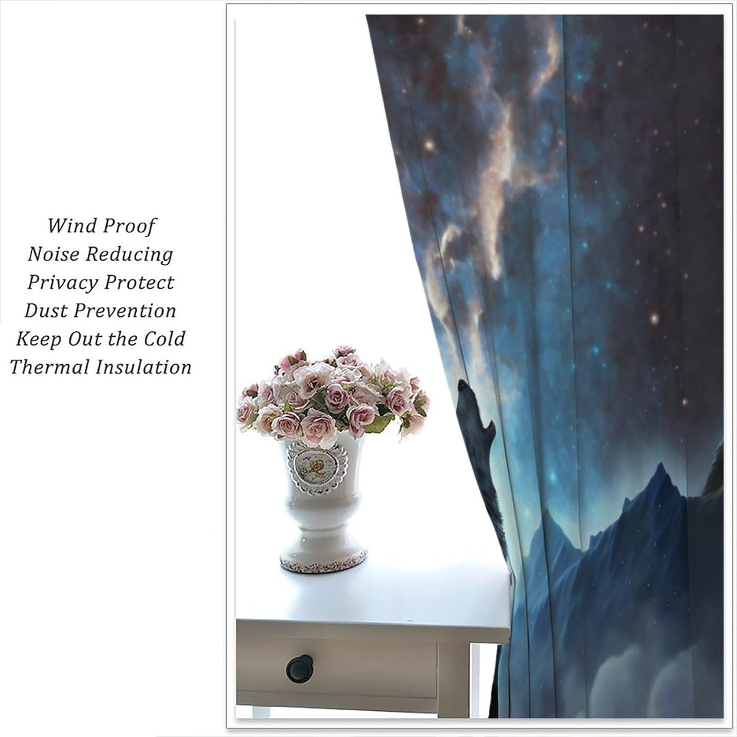 Fantasy Galaxy Howling Wolf Curtains - Watercolor Woodland Mountain Full Moon Wildlife Wolf Thermal Insulated Blackout Curtains - Rod Pocket Window Treatment Drapes for Bedroom 2 Panels 45L x 21W